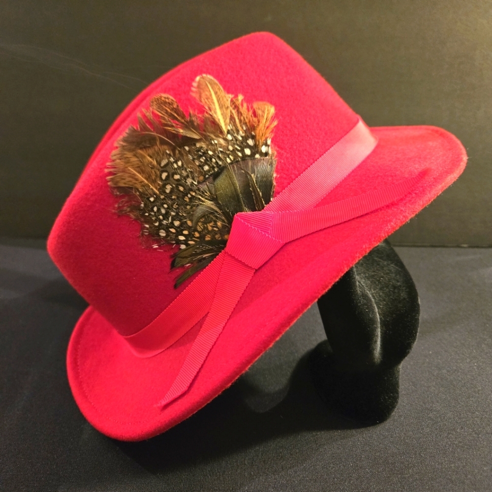 Vintage Doeskin Red Feathered Women's Wool Fedora Hat Casual Whimsigoth Jazz